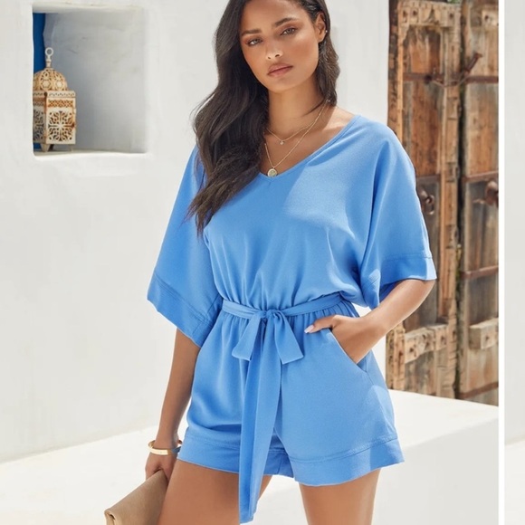 Vici Blue Spring Scene Pocketed Tie Romper (Med) - Picture 1 of 6